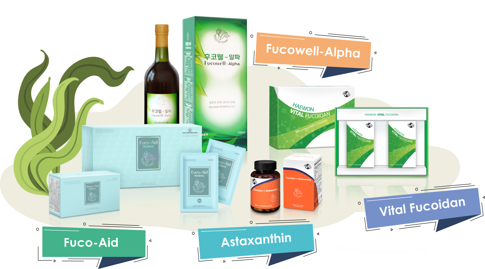Продукты с фукоиданом  Fucoidan + Astaxanthin, Haewon Vital Fucoidan, Fucowell-Alpha, Fuco-Aid